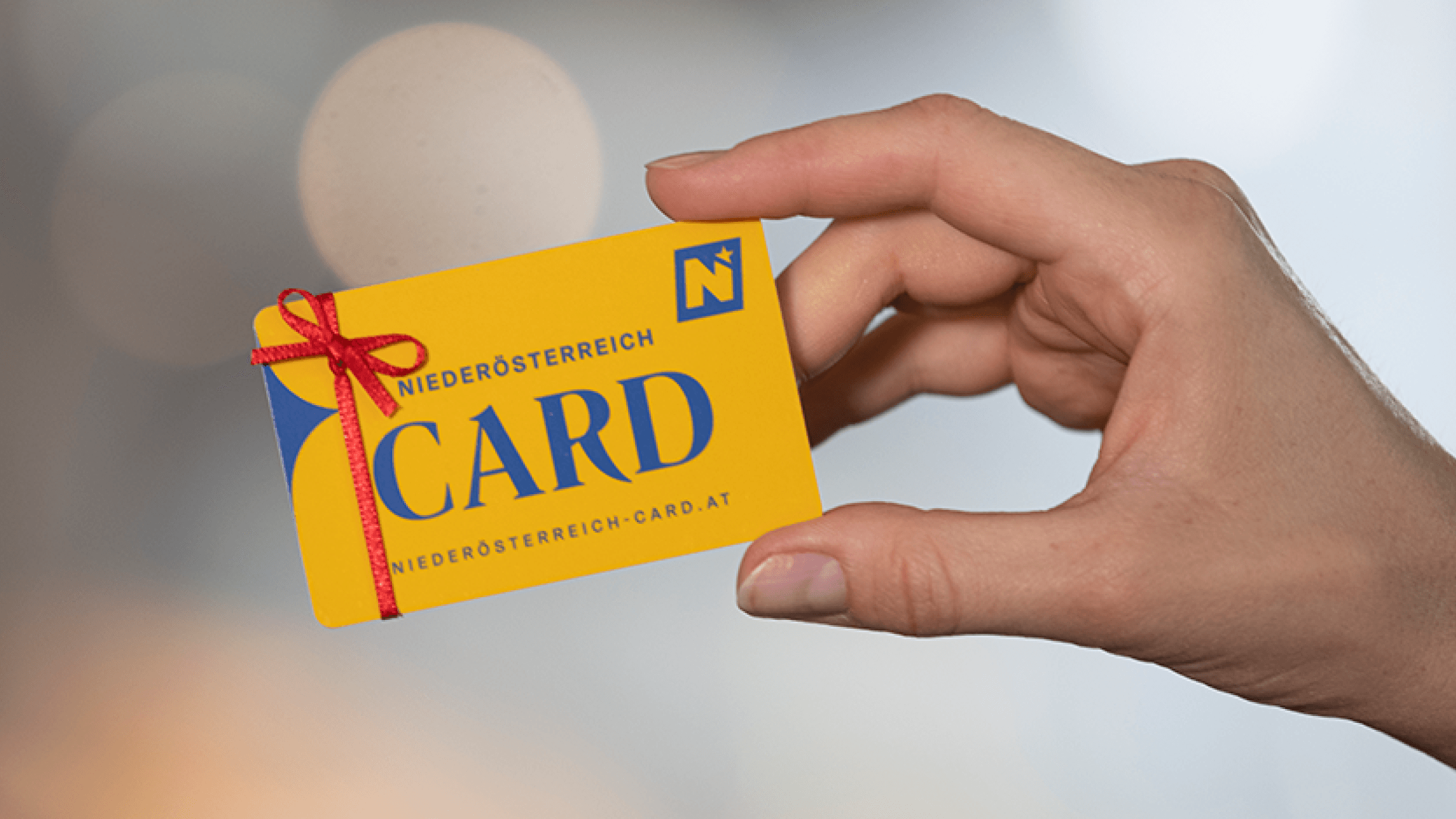 Die Niederösterreich-CARD wird in einer Hand gehalten und ist mit einer roten Schleife geschmückt