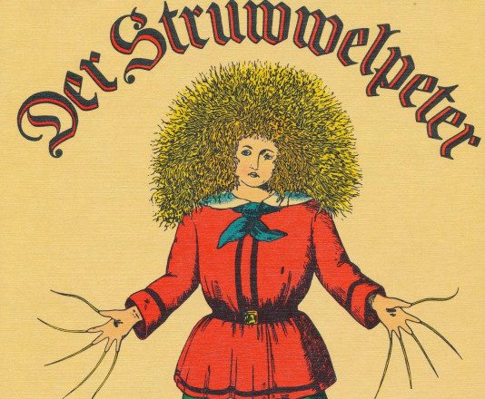 Zeichnung einer Person mit langen Fingernägeln und blonden strubbeligen Haaren. Darüber steht Stuwwelpeter.