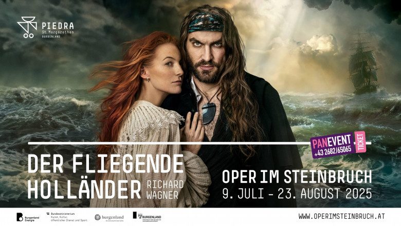 Banner mit Informationen zur Oper im Steinbruch und einem Mann mit einer Frau.