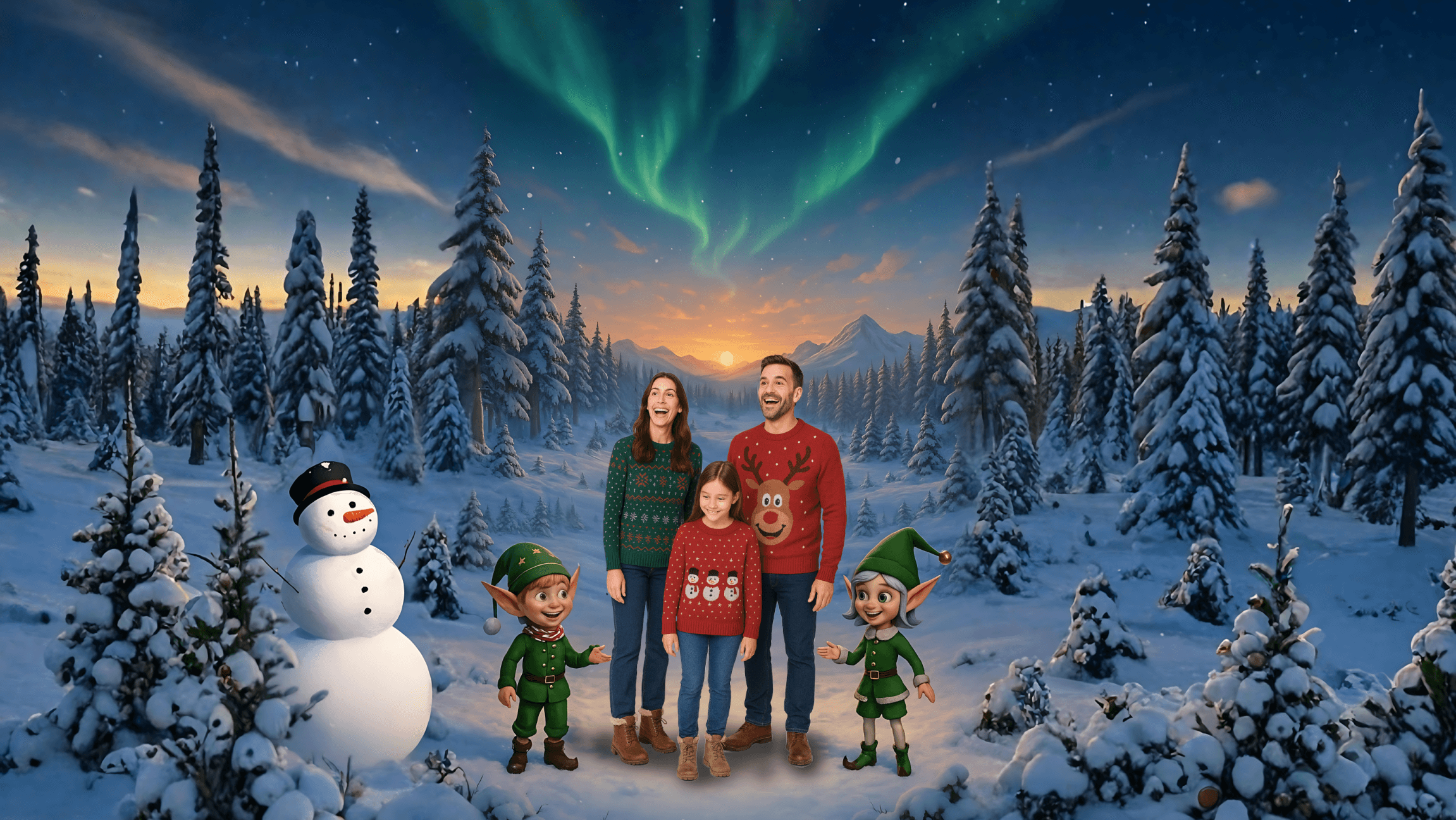 Foto einer Familie, die in einer animierten Winterlandschaft steht.