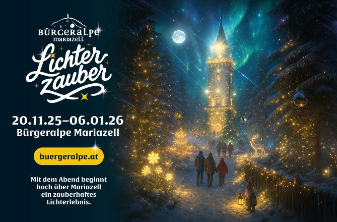 Werbesujet mit links allen Informationen zur Veranstaltung und rechts einem Bild von beleuchteten Turm, der inmitten beleuchteten Bäumen steht.