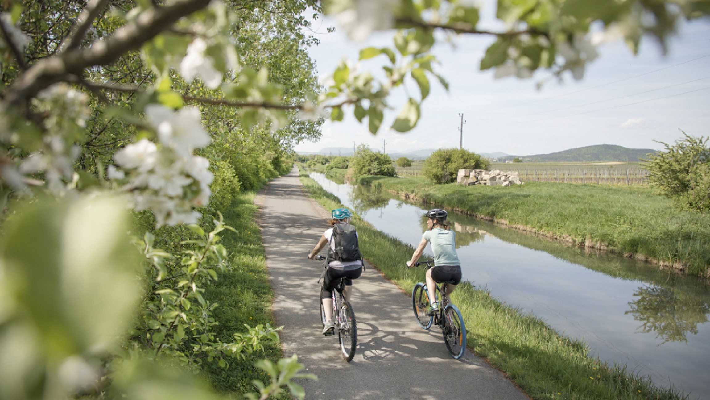 Zwei Radfahrerinnen am Thermenradweg im Frühling