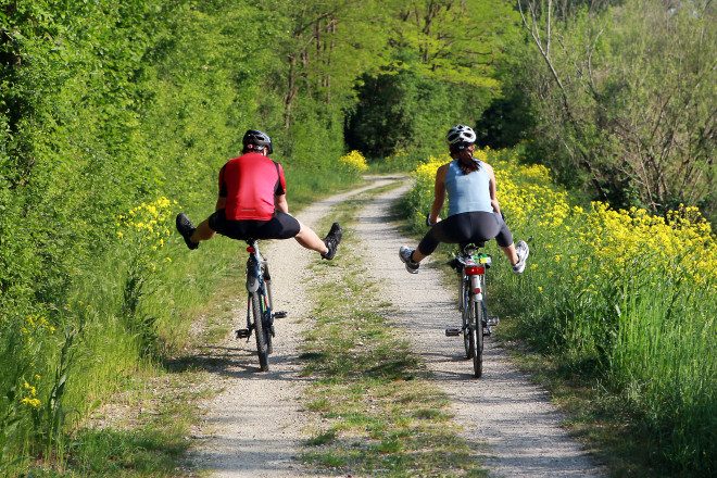 2 Radfahrer:innen in einem Wald